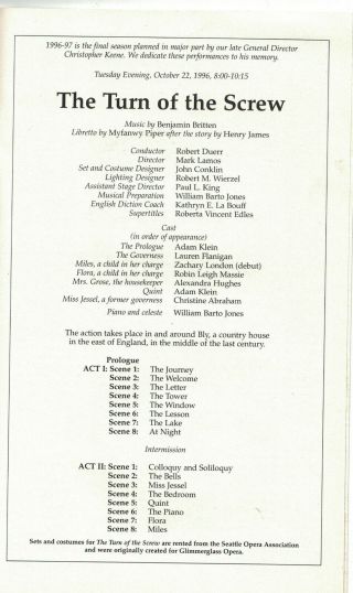 York City Opera Stagebill Program Turn of the Screw October 22,  1996 2
