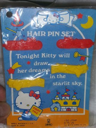 Vintage Sanrio Hello Kitty Hair Pin Set Plastic Barrettes 1976 On Card Japan
