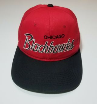 Rare Nhl Chicago Blackhawks Sports Specialties Script Twill Snapback Vtg Red Hat
