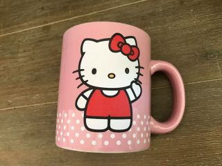 Hello Kitty Pink Coffee Mug Cup 1976,  2011 Sanrio Wave Face White Polka Dot Cute