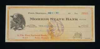Morris State Bank - Pony,  Montana - Vintage 1921 Check