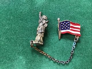 Vintage Statue Of Liberty American Flag Usa Design Pin With Chain Tf