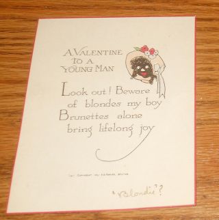 1921 Black Americana Greeting Card A Valentine To A Young Man Brunettes/blondes