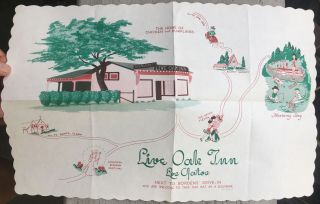 Ca.  1940 Los Gatos,  Calif.  Live Oak Inn Restaurant Souvenir Paper Placemat W/ Car
