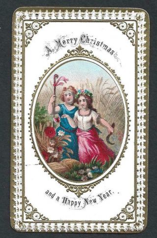 Q25 - Harvest King And Queen - Oval Chromo On Ornate Goodall Victorian Xmas Card