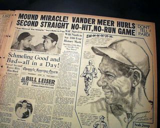 Johnny Vander - Meer 2nd No Hitter In Row Cincinnati Reds Baseball 1938 Newspaper