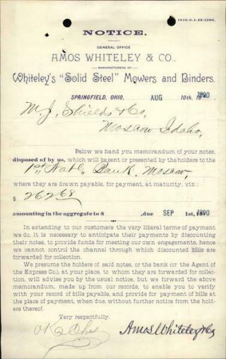 1890 Moscow Idaho (id) Receipt Amos Whitney And Co.  M.  J.  Shields