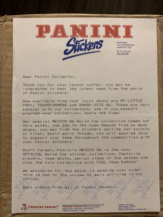 1986 Panini Ephemera Letter.  World Cup Mexico 86 Album Advert.  Rare