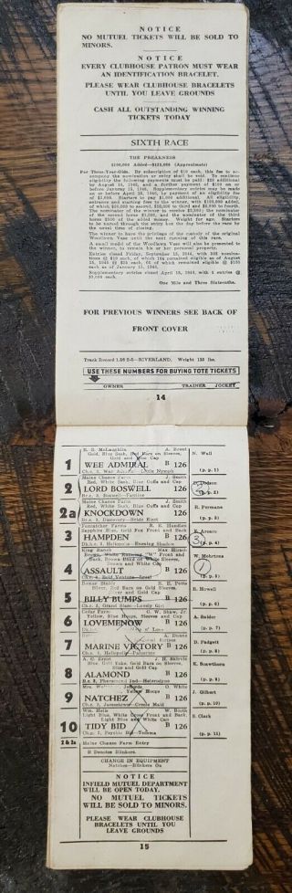 1946 Preakness Stakes Program,  Pimlico - Triple Crown Winner and HOF ASSAULT 2