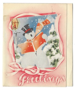 Vintage 1940s Wwii Era Christmas Greeting Card Art Deco Die Cut Singing Snowman