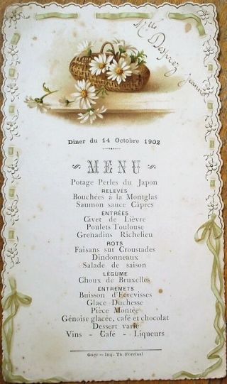 Menu - French,  1902 Color Litho W/daisy: Potage Perles Du Japon,  Saumon Capres