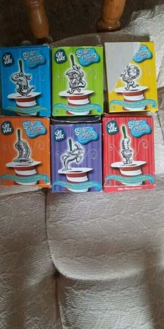 2003 Dr Suess Cat In The Hat Silver Plated Ornament Set Of 6 Burger King Nos