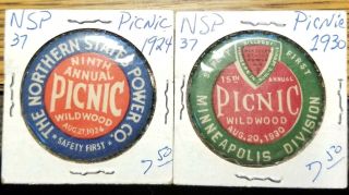 Vtg.  Pinback Buttons 1924 1930 Northern States Power Co.  Picnic Wildwood Park Mn