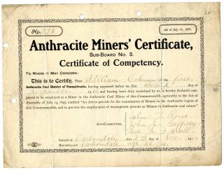 1903 Anthracite Coal Miner Certificate Of Competency Carbondale Pennsylvania