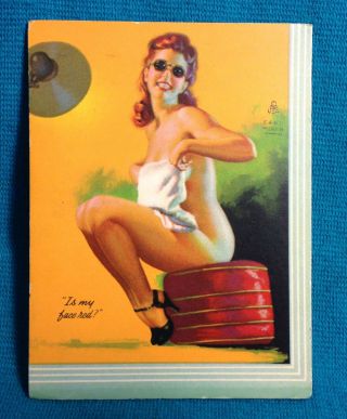 1940s Pinup Girl Blotter Card Earl Moran Is My Face Red? Hair Tanning Sexy Art
