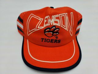 Vintage 80s Clemson Tigers Three 3 Stripe Trucker Snapback Hat Cap Usa Made