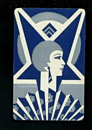 1 Art Deco Glamor Swap Playing Card Woman Bob Hairdo Dangle Earrings Silver Blue