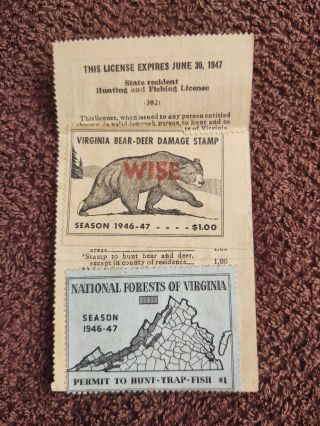 1946 - 47 Virginia Hunting Fishing License With Bear & Deer Stamp Wise County