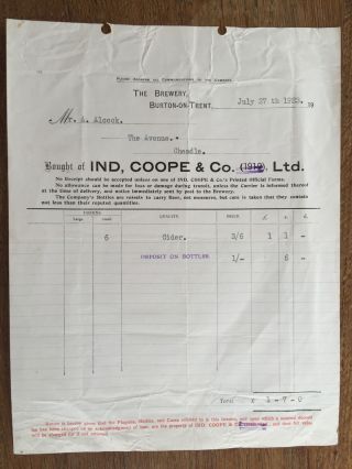 1923 Cider Ind Coope & Co Burton On Trent Notts Brewery Receipt Invoice Ephemera