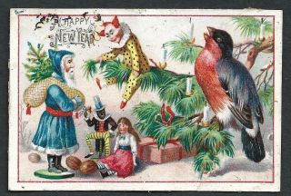 M67 - Santa Toy,  Clown Toy,  Dolls & Bird On Tree - Small Victorian Year Card