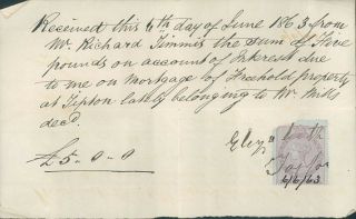Victorian Letter June 1863 Receipt For £5 Mortgage Payment On Tipton Property