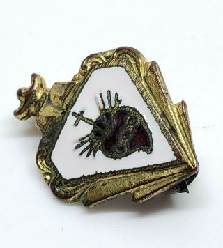 Petite Antique Gold Gilt Brass Enamel Jesus Burning Heart Sacred Heart Lapel Pin