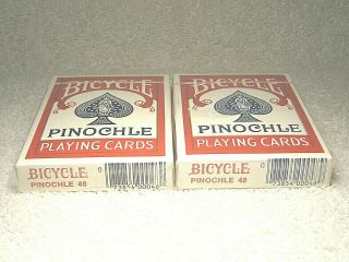 2 - VINTAGE BICYCLE PINOCHLE 48 CUSHION FINISH RED PLAYING CARD DECKS 3