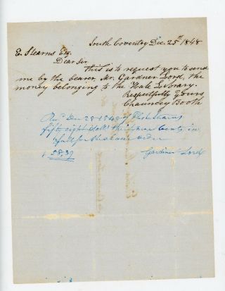 Handwritten Letter Rev Chauncey Booth Gleason Genealogy South Coventry Ct 1848