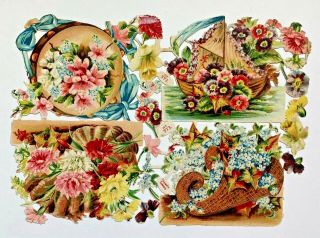 19th Century Victorian Scrap Flowers In Baskets,  Floral Imagery
