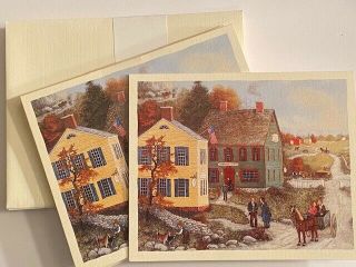 Vintage 1996 Lang Folk Art Box Of 13 Note Cards Linda Nelson Primitive Town 1208