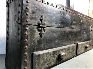 Antique Wooden Carpenters Chest Tool Box W/ Copper Corners Brass & Steel Details