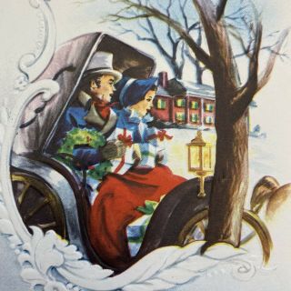 Vintage Mid Century Christmas Greeting Card Victorian Couple In Buggy Red Dress