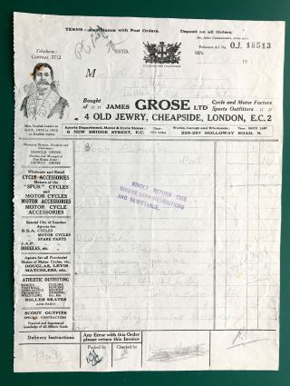 Cycling James Grose Ltd Old Jewry London - 1920 Billhead Signed By James Grose