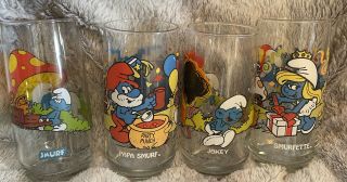 Rare Vintage 1983 Smurf Glasses Set Of 4,  Lazy,  Papa Smurf,  Jokey,  Smurfette