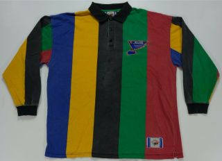 Rare Vintage Slap Shot St.  Louis Blues Nhl Hockey Striped Rugby Polo Shirt 90s L