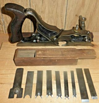 Antique Siegley Plow Plane With Wooden Box & Fitted Box Of 9 Blades,  Rare