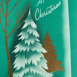 Vintage Mid Century Christmas Greeting Card Art Deco Tree Design Dark Green Gold