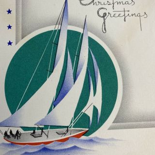 Vintage Mid Century Christmas Greeting Card Art Deco Sailboat Ship Green Blue