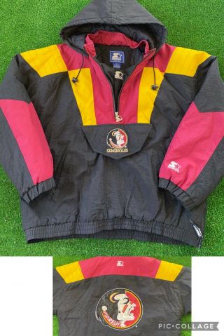 Vtg 90s Florida State Seminoles Starter Ncaa Hooded Puffer Jacket Fsu Size Xl