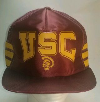 Vintage 80s Usc Trojans 3 Stripe Satin Made In Usa Snapback Trucker Hat Cap