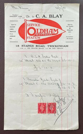 1938 C.  A.  Blay,  Service Station,  18 Staines Road,  Twickenham Invoice