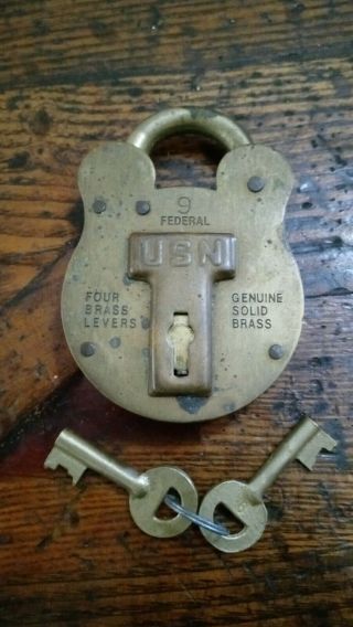 Solid Brass Usn Federal 9 Four Brass Levers Lock W/ 2 Keys W.  Bell And Sons Pa