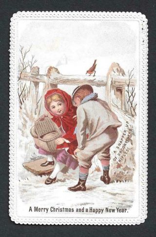 K50 - Children With Basket - Early Printed Goodall - Victorian Xmas Card