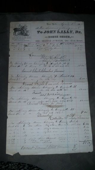 1887 York N.  Y.  Letterhead Billhead John Lally,  Dr.  Horse Shoer