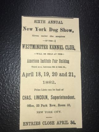 1882 Westminster Kennel Club York Dog Show Advertising