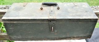 Vintage Antique Green Hand Made Wood Tool Box With Wooden/wire Handle 21 X 8 X 7