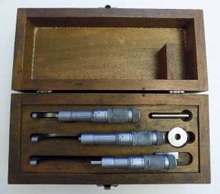 Vintage Brown And Sharpe Set Micrometers In Wooden Box 30 - 1,  20 - 1,  1,  2,  3 Inch