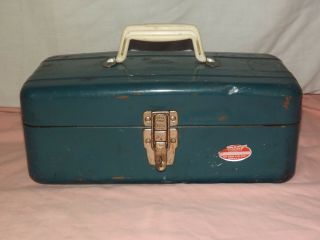 Vintage Blue Union Steel Chest Corp Leroy Ny Tackle Tool Box