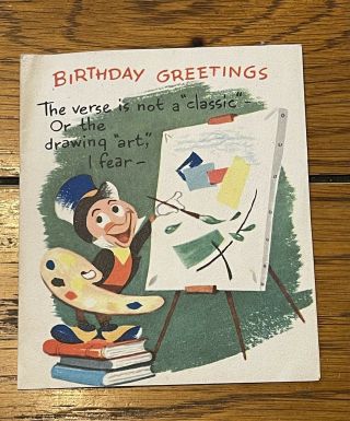 Vintage 1950s Disney Jiminy Cricket Birthday Greeting Card By Gibson Boy Girl