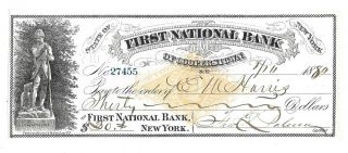 First National Bank Cooperstown,  N Y 1880 Leather Stocking $30.  00 Bank Check